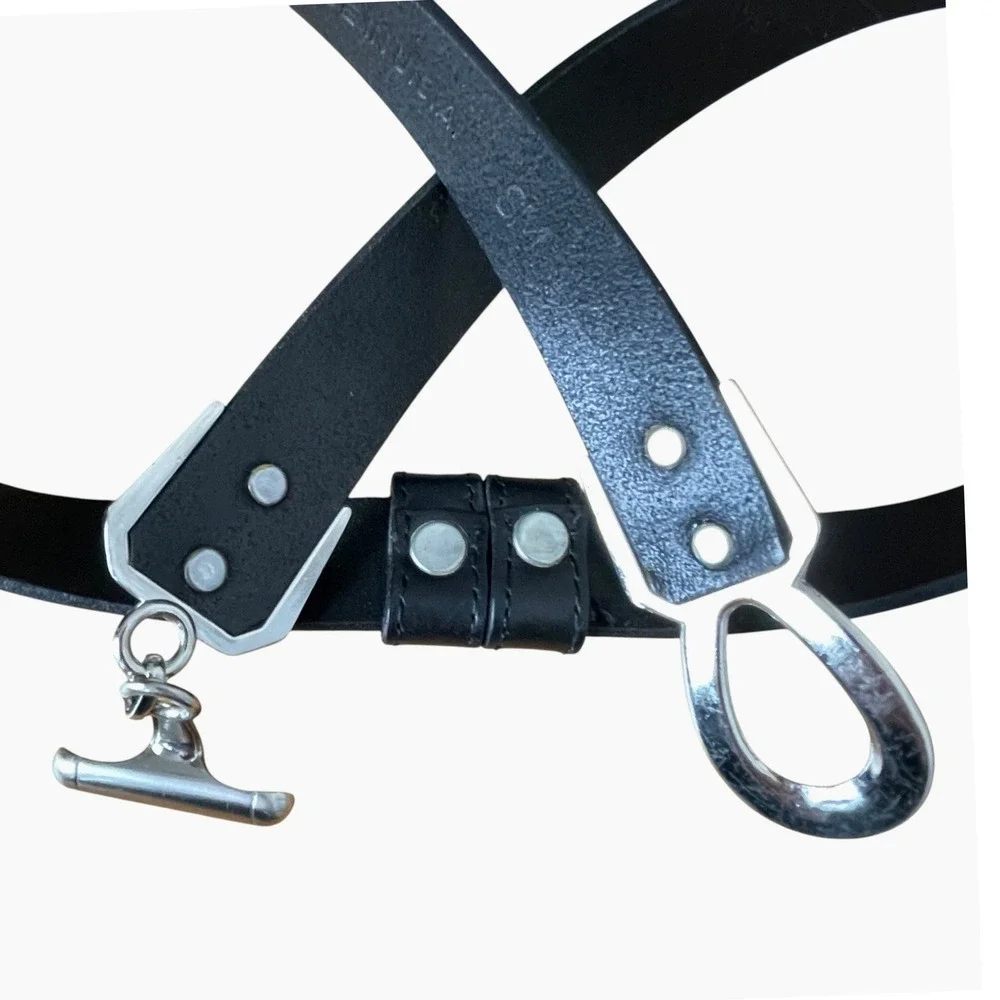 Chicos Black Leather Metallic Silver Toggle Hip Belt Size S/M Moto Minimalist